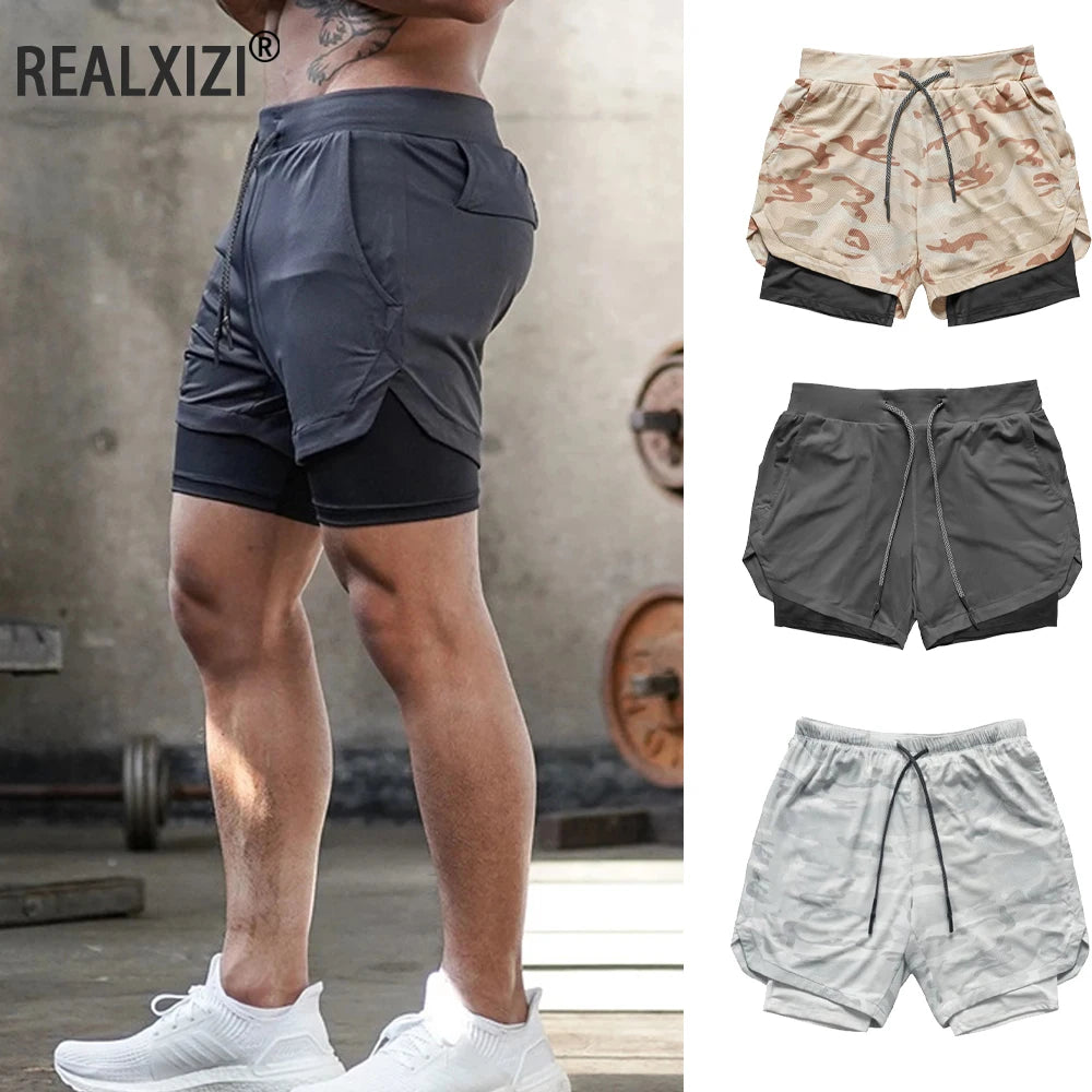 Men’s Double-Layer Camouflage Gym Shorts – Breathable Running & Training Shorts with Hidden Pocket