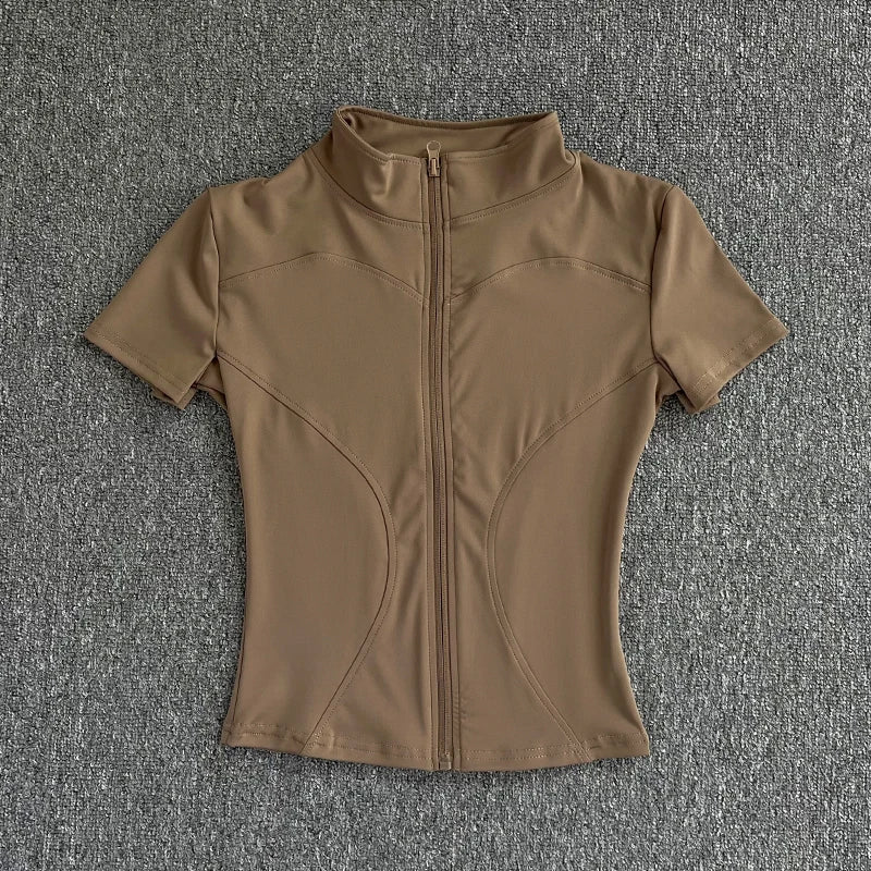 Women’s Quick-Dry Slim Fit Training Top – Stand Collar Short Sleeve Zipper Shirt for Yoga & Fitness