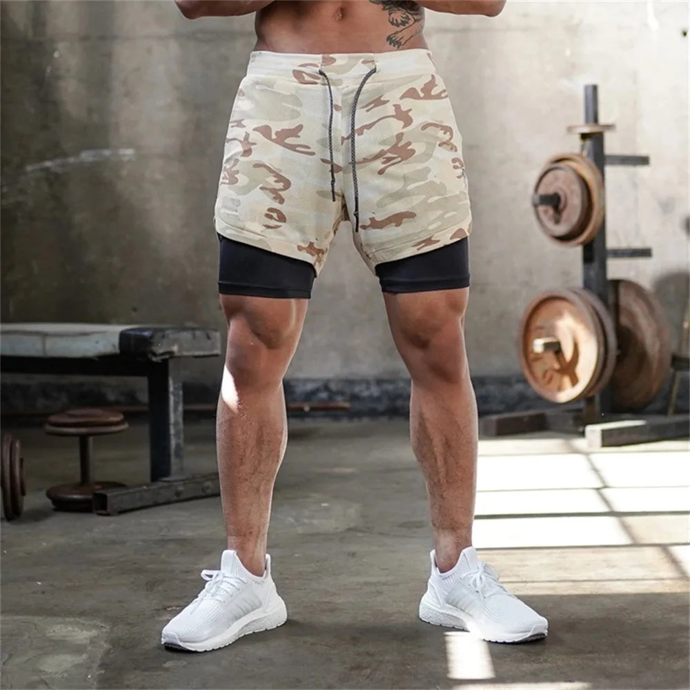 Men’s Double-Layer Camouflage Gym Shorts – Breathable Running & Training Shorts with Hidden Pocket