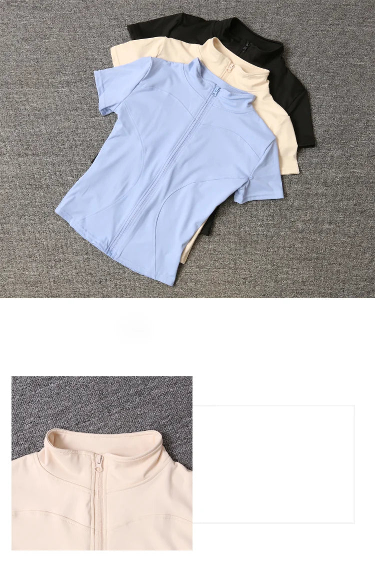 Women’s Quick-Dry Slim Fit Training Top – Stand Collar Short Sleeve Zipper Shirt for Yoga & Fitness