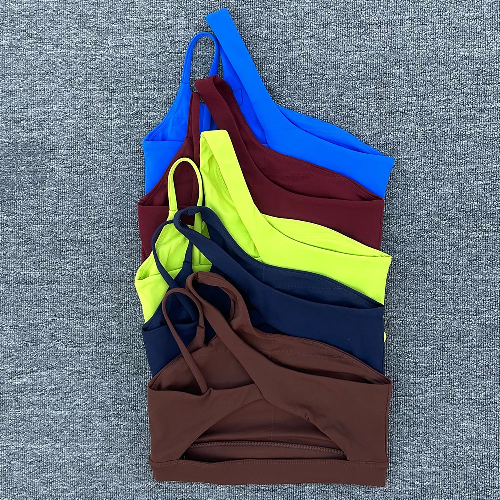 Women’s Shockproof One-Shoulder Sports Bra – Backless Breathable Gym & Yoga Top