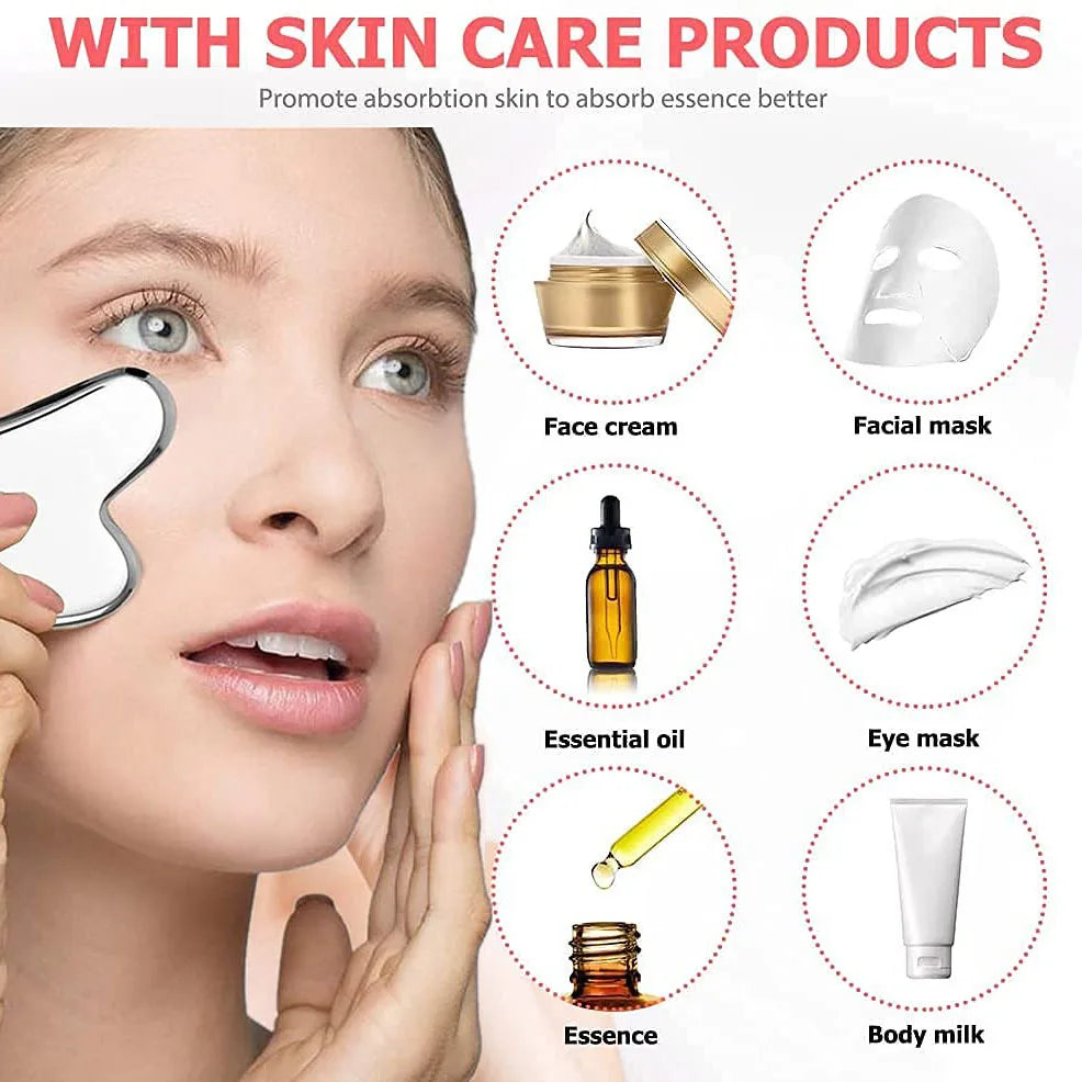 Ice Face Roller & Gua Sha Set – Stainless Steel Facial Massage & Lifting Contouring Tools