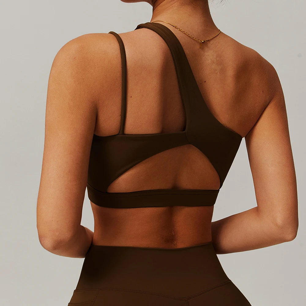 Women’s Shockproof One-Shoulder Sports Bra – Backless Breathable Gym & Yoga Top