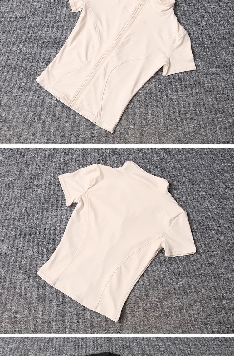Women’s Quick-Dry Slim Fit Training Top – Stand Collar Short Sleeve Zipper Shirt for Yoga & Fitness
