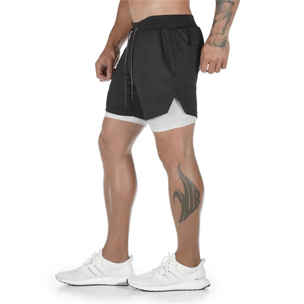 Men’s Double-Layer Camouflage Gym Shorts – Breathable Running & Training Shorts with Hidden Pocket