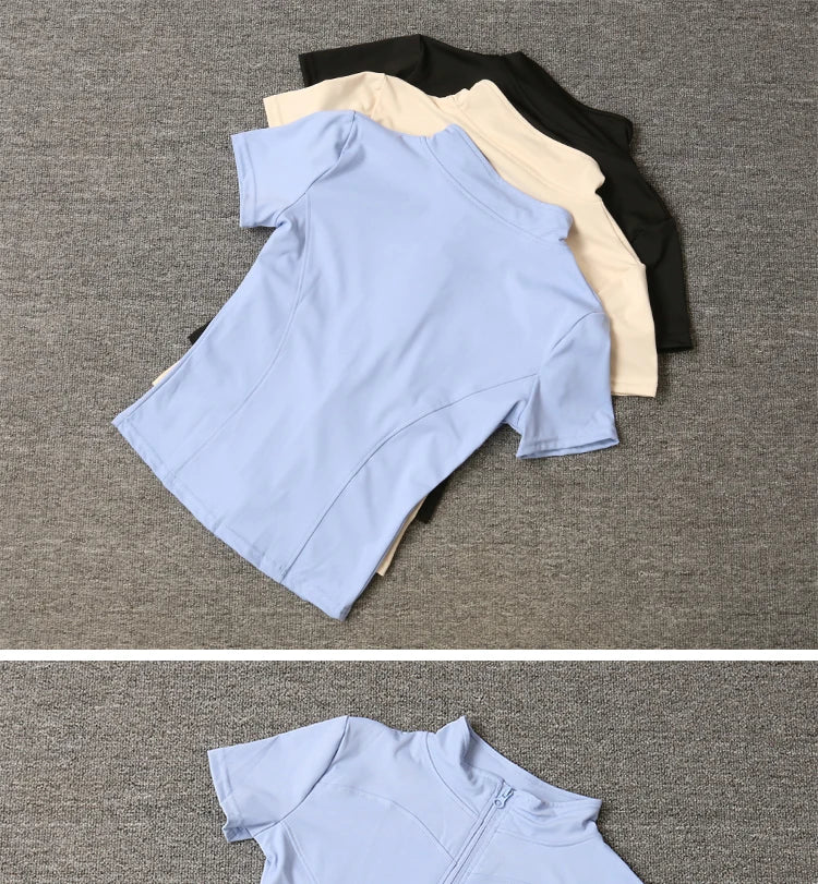 Women’s Quick-Dry Slim Fit Training Top – Stand Collar Short Sleeve Zipper Shirt for Yoga & Fitness