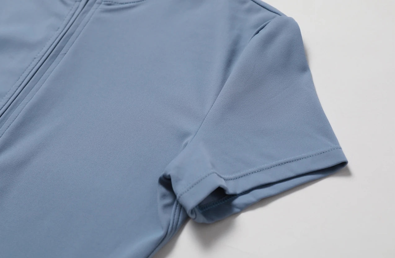 European & American Nude One-Piece Yoga Jumpsuit – Women’s Short Sleeve Fitness Bodysuit with Stand-Up Collar & Half Zipper