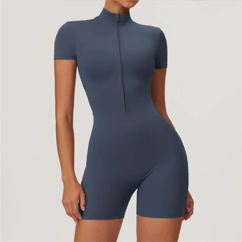 European & American Nude One-Piece Yoga Jumpsuit – Women’s Short Sleeve Fitness Bodysuit with Stand-Up Collar & Half Zipper