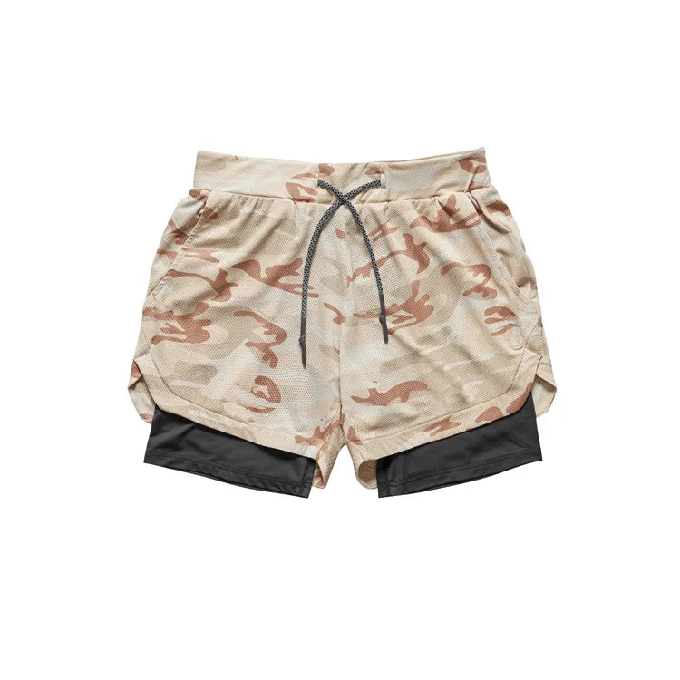 Men’s Double-Layer Camouflage Gym Shorts – Breathable Running & Training Shorts with Hidden Pocket