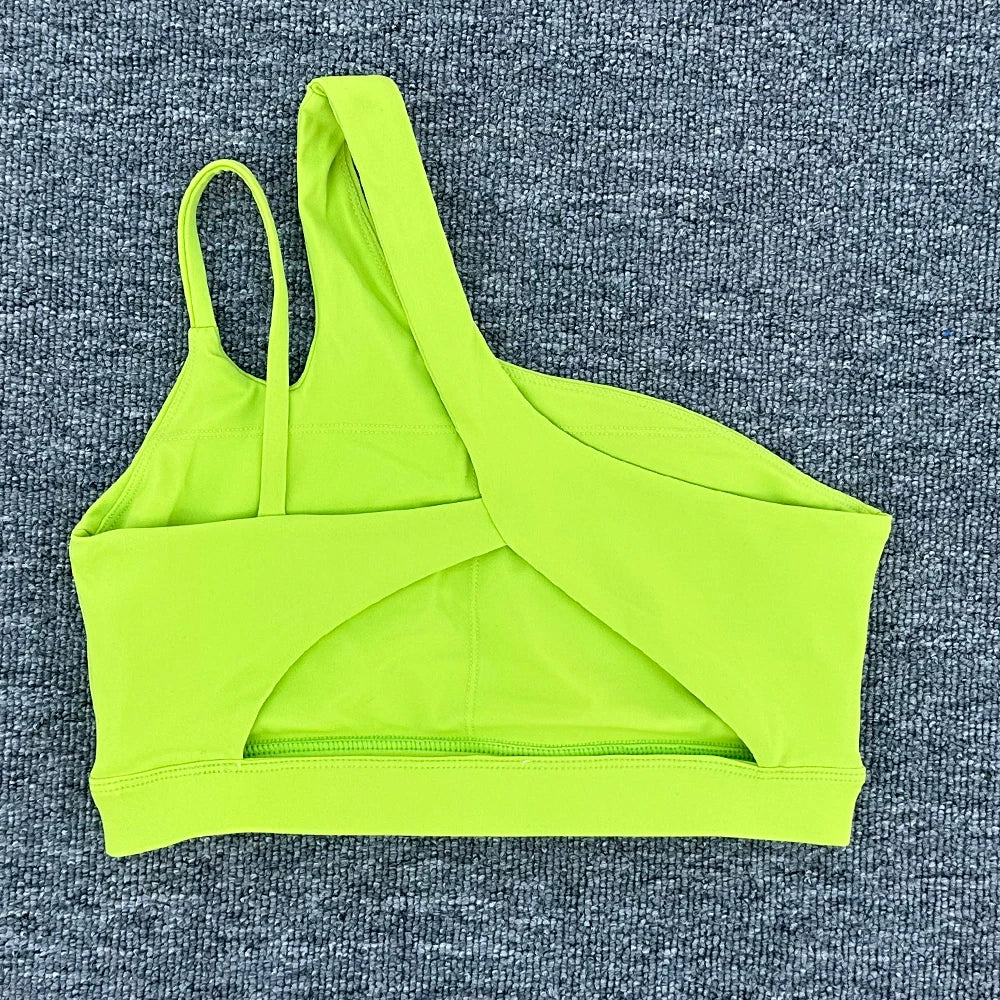 Women’s Shockproof One-Shoulder Sports Bra – Backless Breathable Gym & Yoga Top