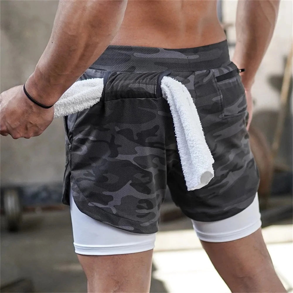 Men’s Double-Layer Camouflage Gym Shorts – Breathable Running & Training Shorts with Hidden Pocket